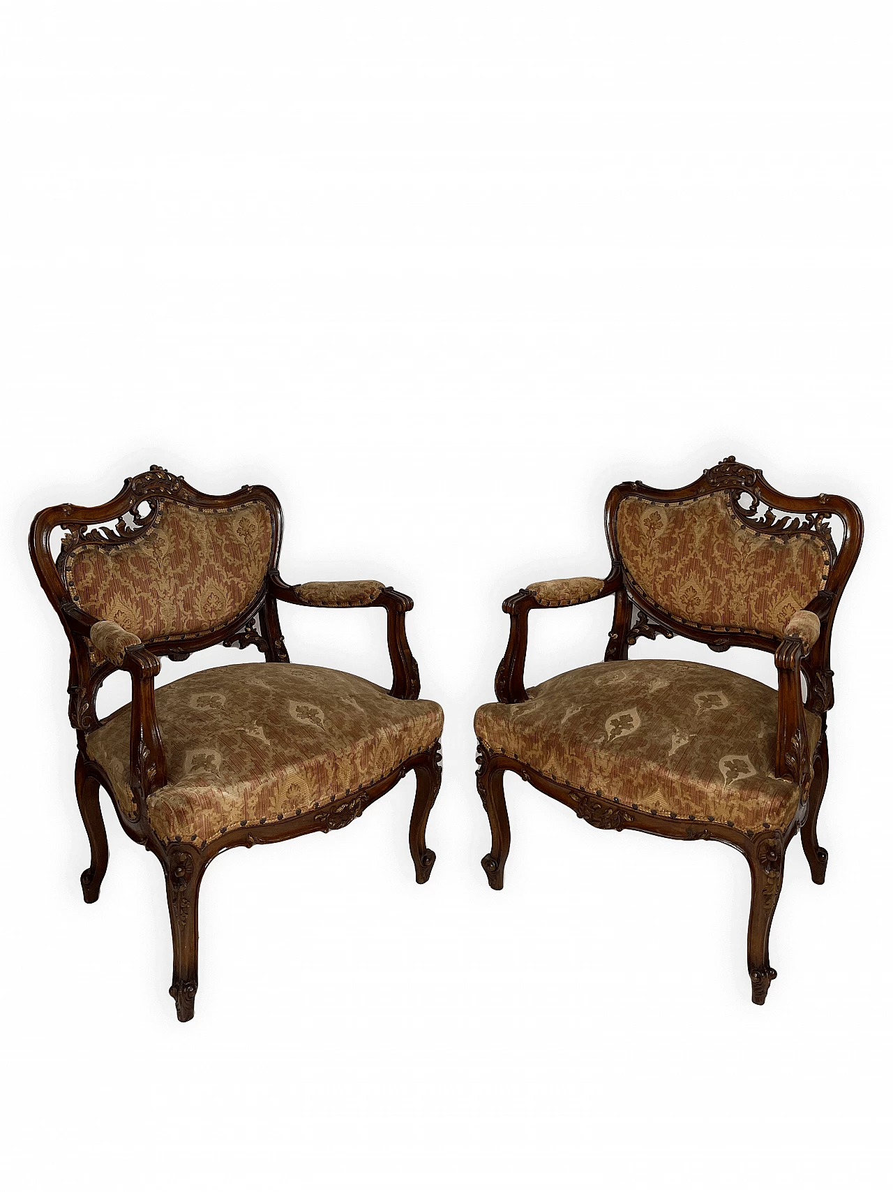 Pair of wood and fabric armchairs, early 20th century 4