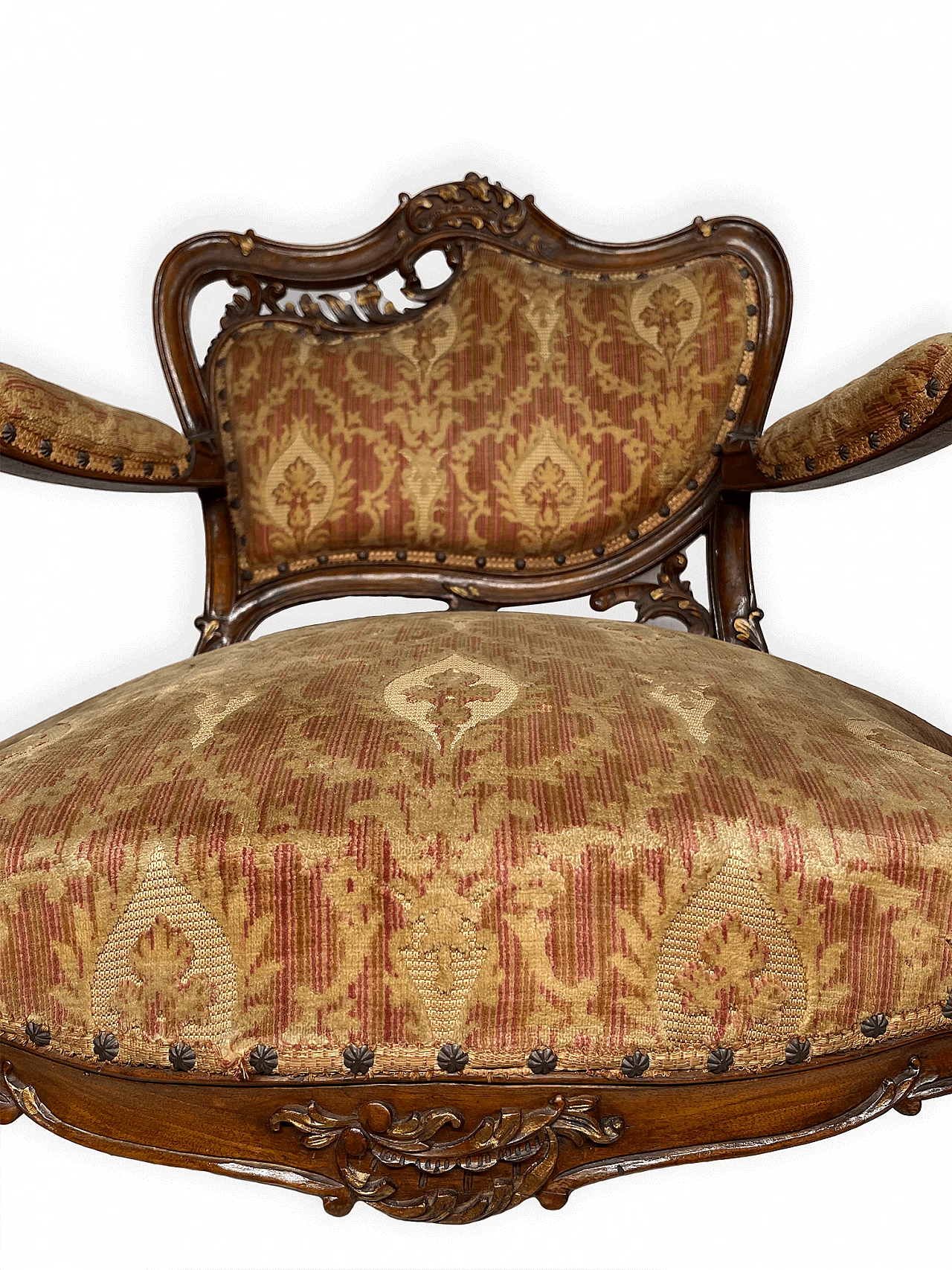 Pair of wood and fabric armchairs, early 20th century 11