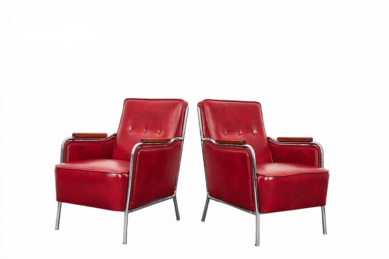 Pair of burgundy leather armchairs in Bauhaus style by József Peresztegi, 1950s 19