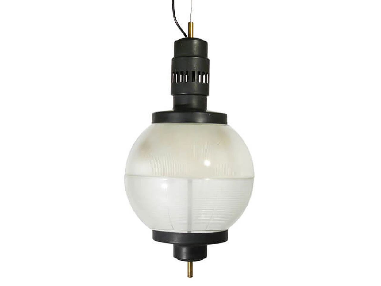 Aluminum and brass pendant lamp with printed glass shade in Azucena style, 1950s 2