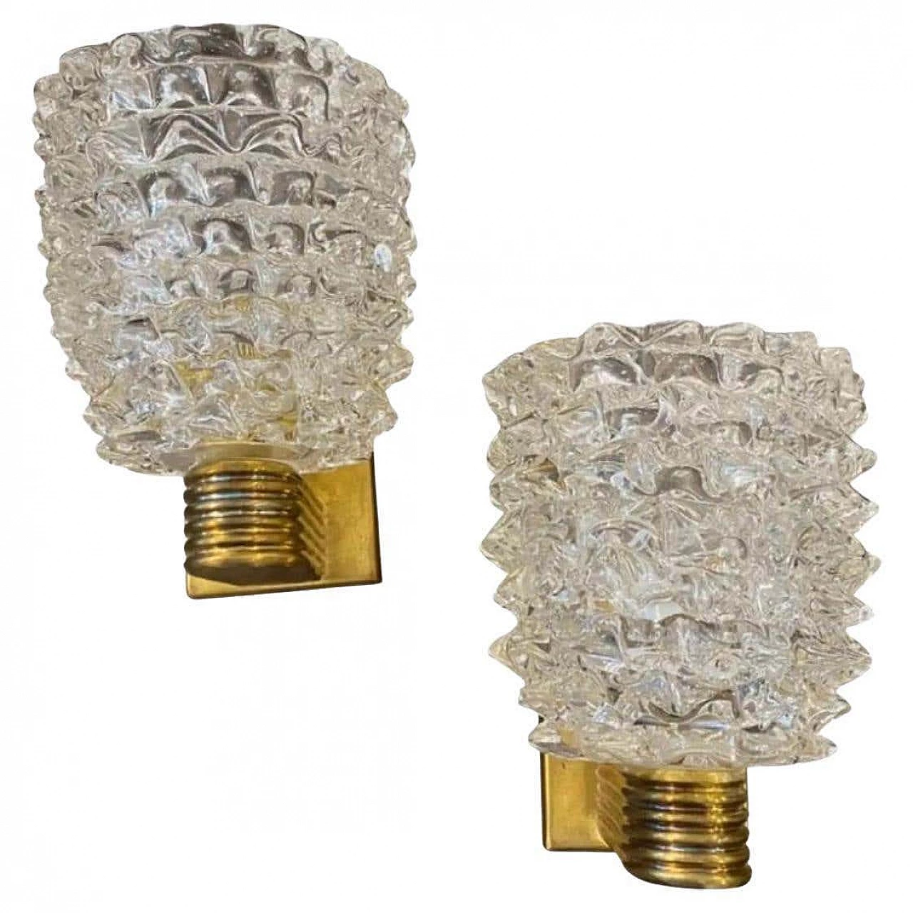 Pair of brass and rosted glass wall lamps in Barovier style, 1980s 1