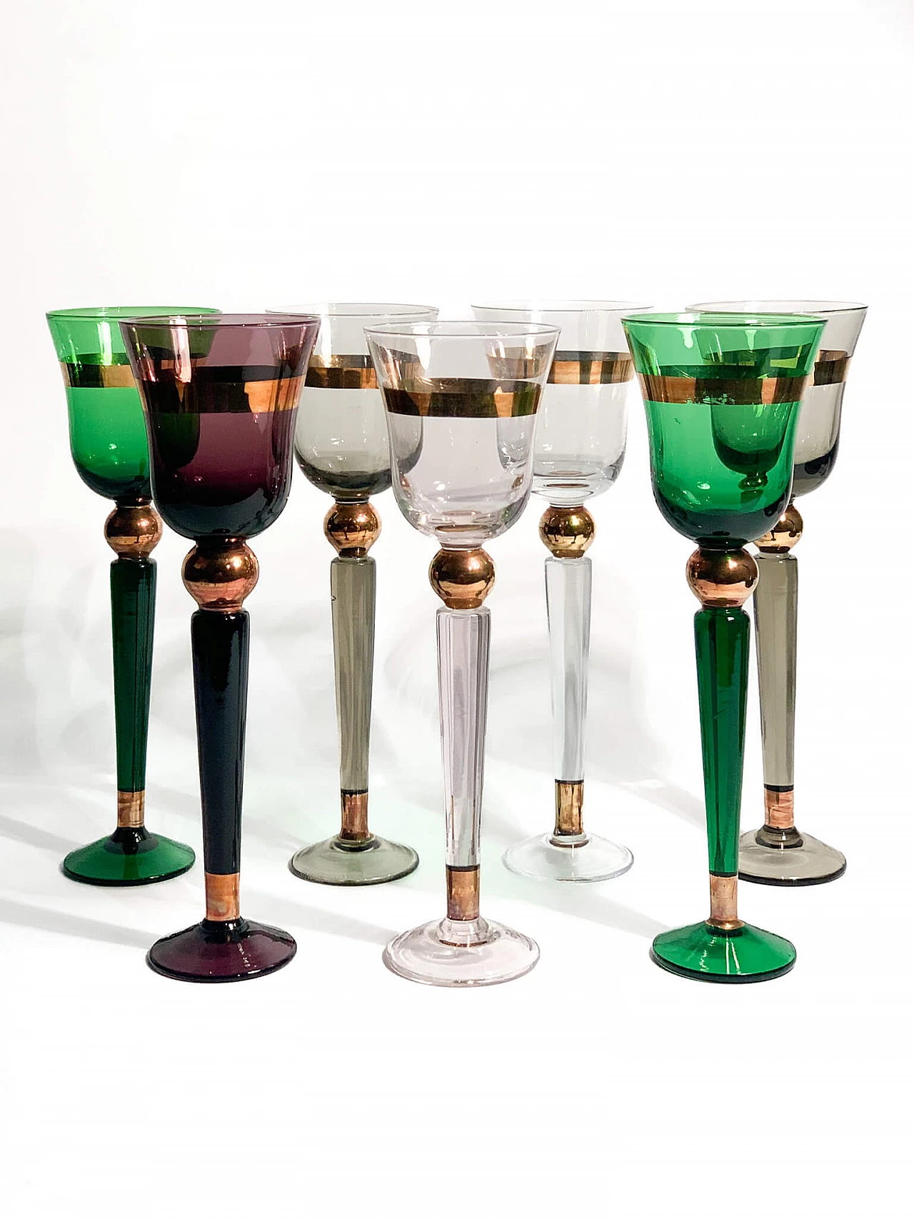 7 Multicoloured Murano glass goblets by Venini, 1950s 1