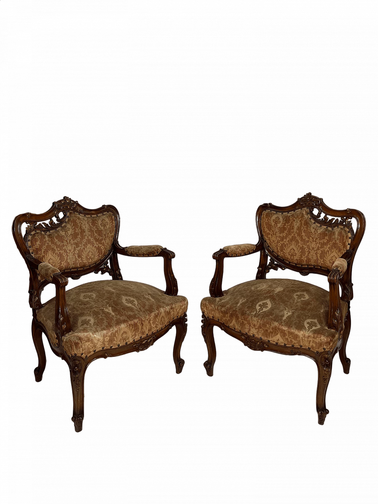 Pair of wood and fabric armchairs, early 20th century 14