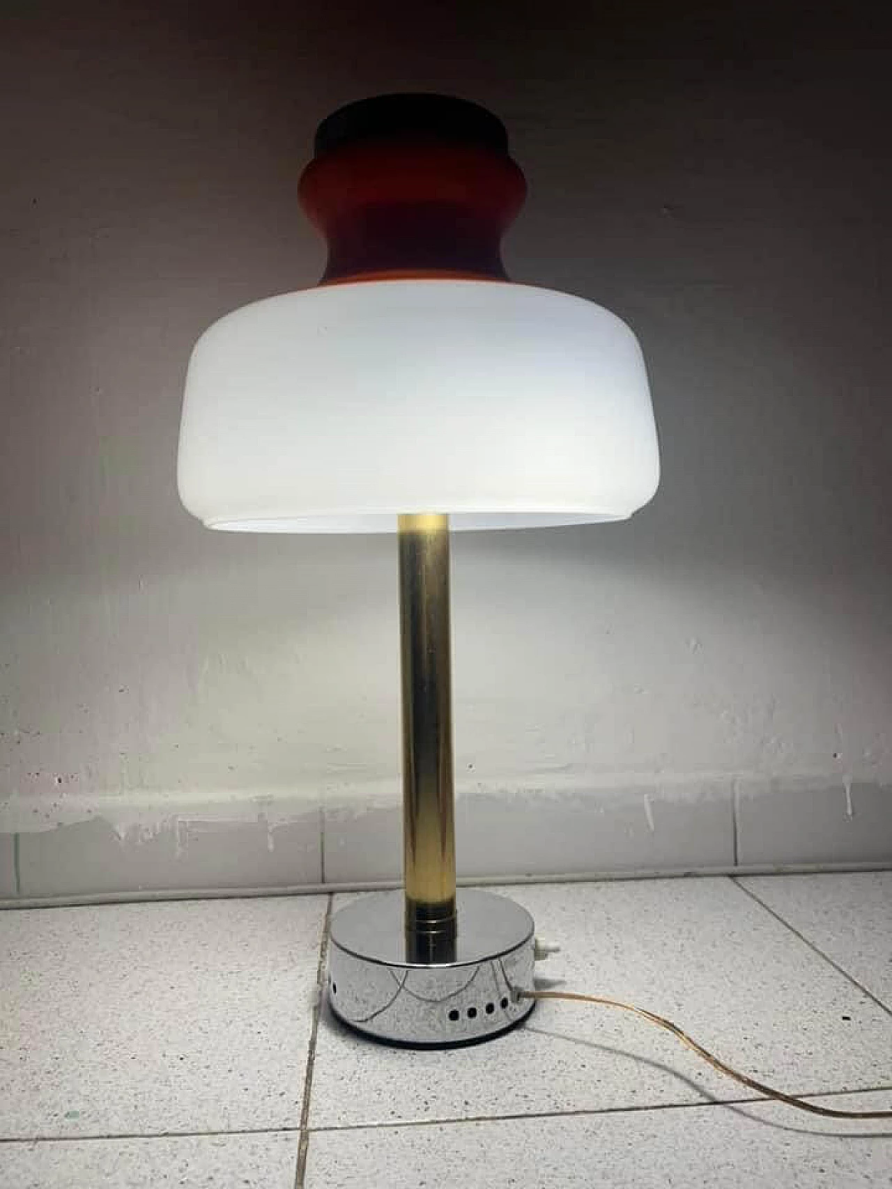 Glass table lamp in orange and white with metal structure, 1960s 2