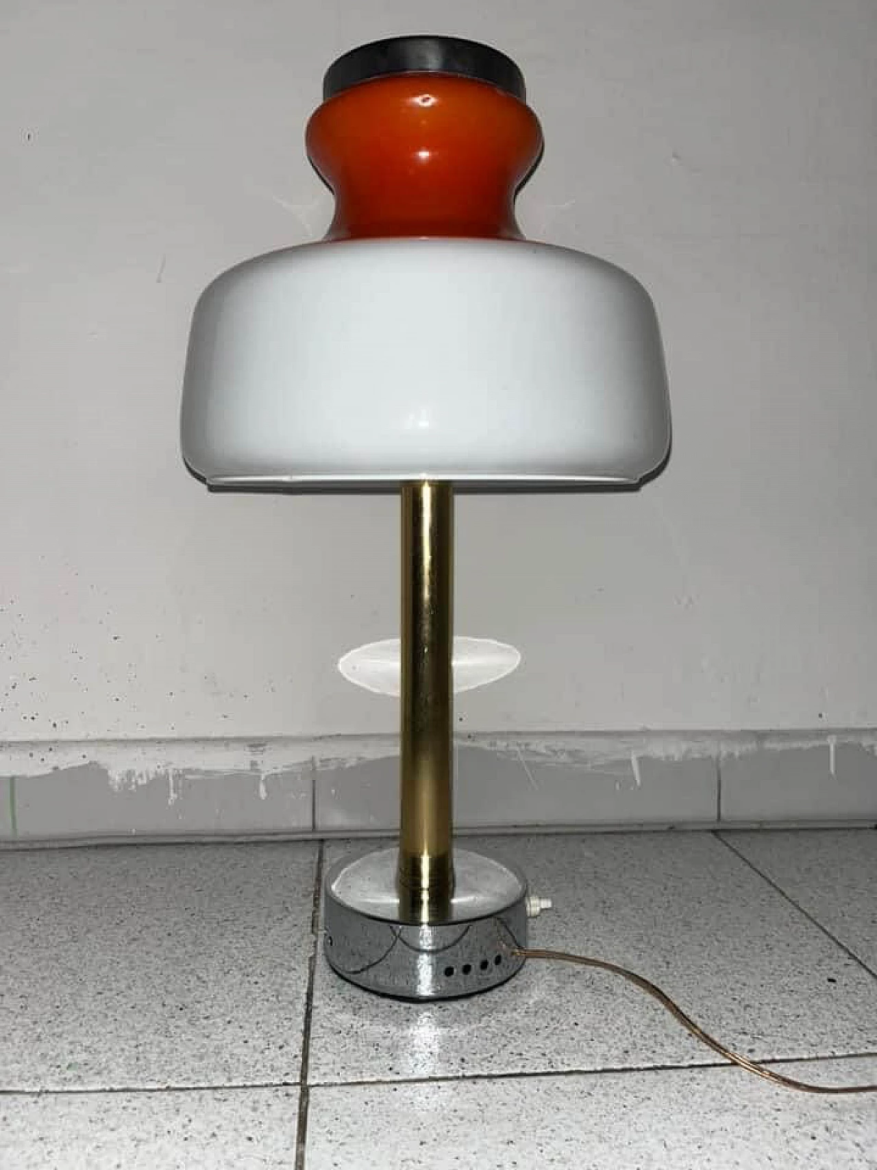 Glass table lamp in orange and white with metal structure, 1960s 6