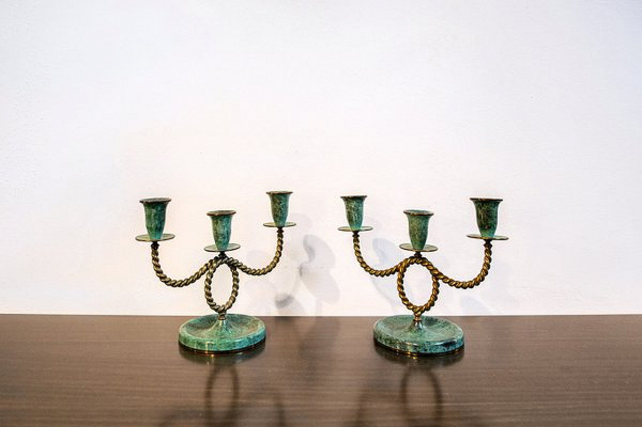 Pair of brass and oxidized brass candle holders, 1940s