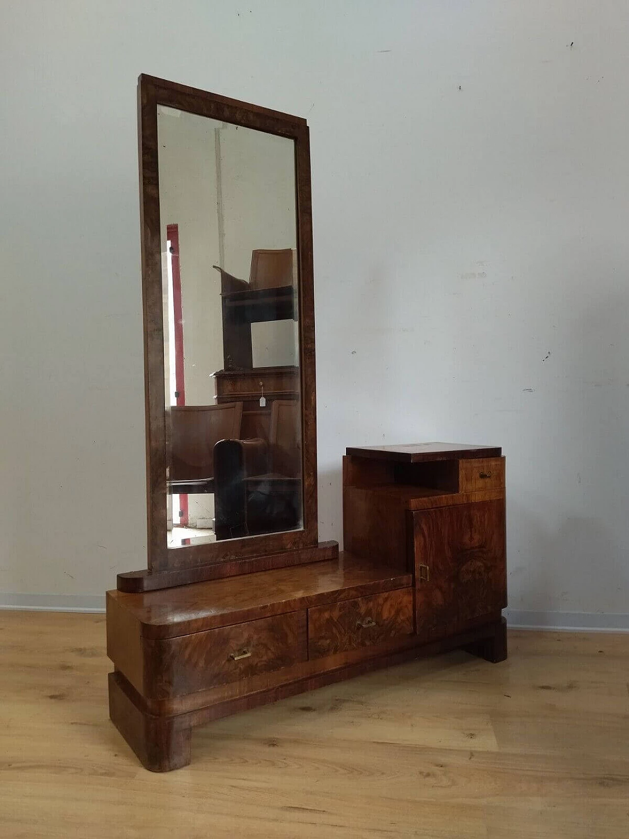 Art Deco walnut-root vanity table with mirror, 1940s 15