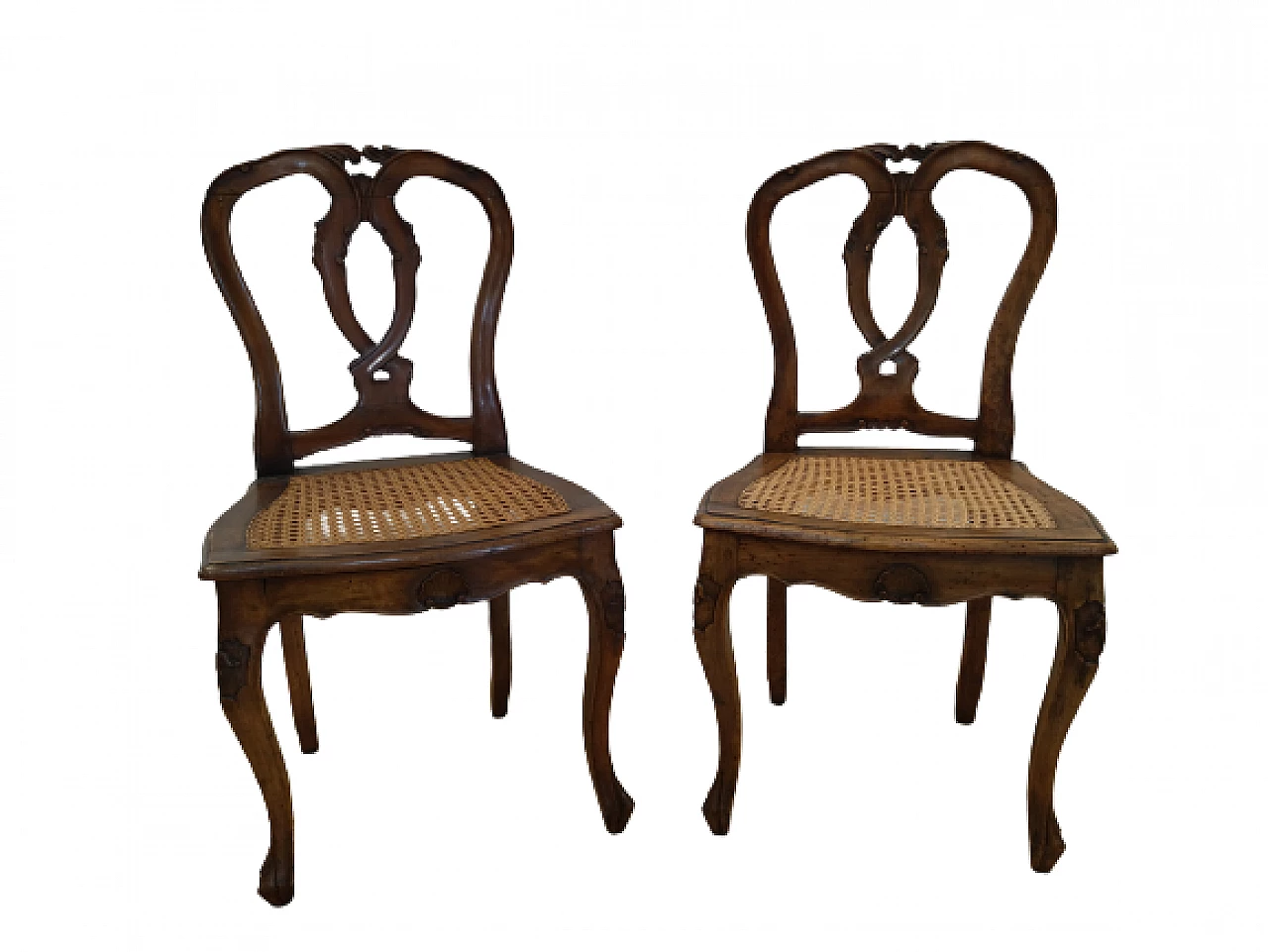 Pair of Barocchetto style walnut and Vienna straw chairs, early 20th century 13