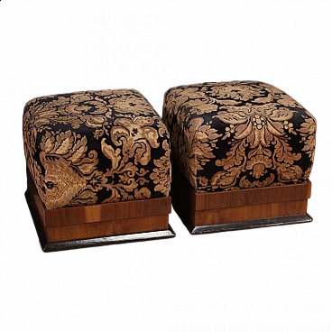 Pair of poufs in walnut, ebonized wood and damask velvet, 1940s