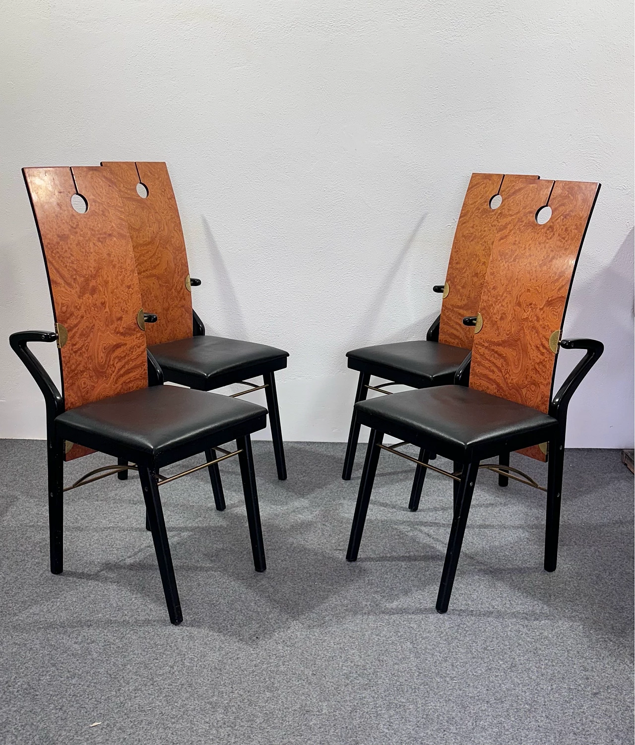 4 Chairs in wood, brass and leather by Pierre Cardin, 1980s 2