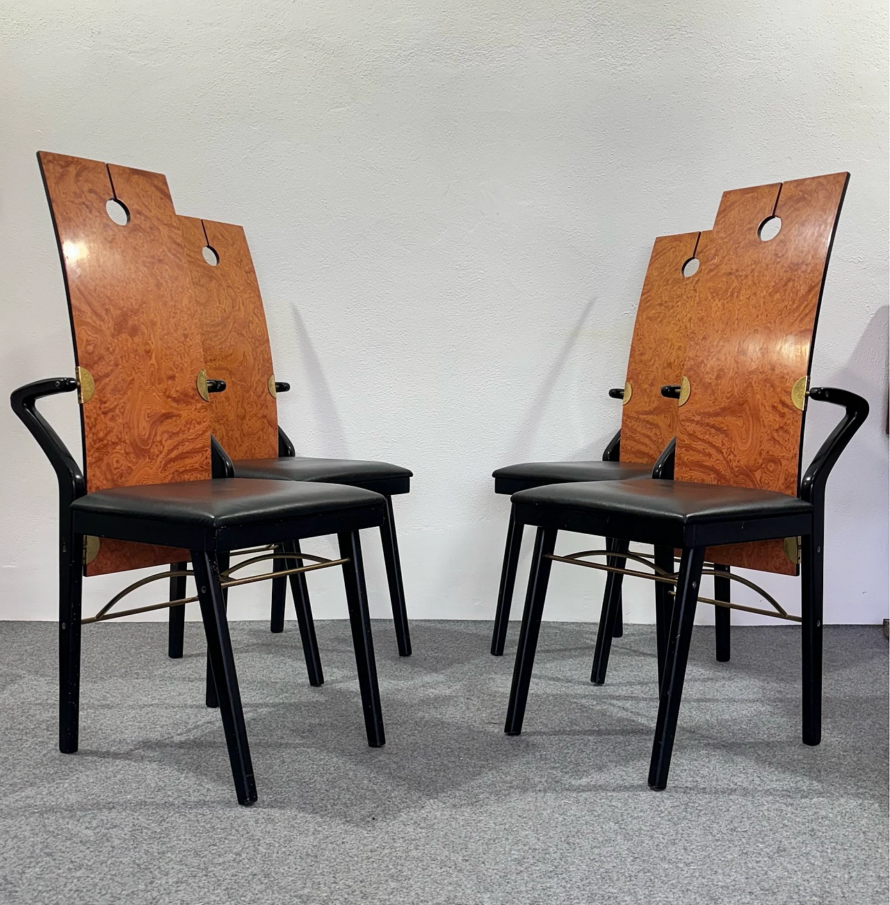 4 Chairs in wood, brass and leather by Pierre Cardin, 1980s 3