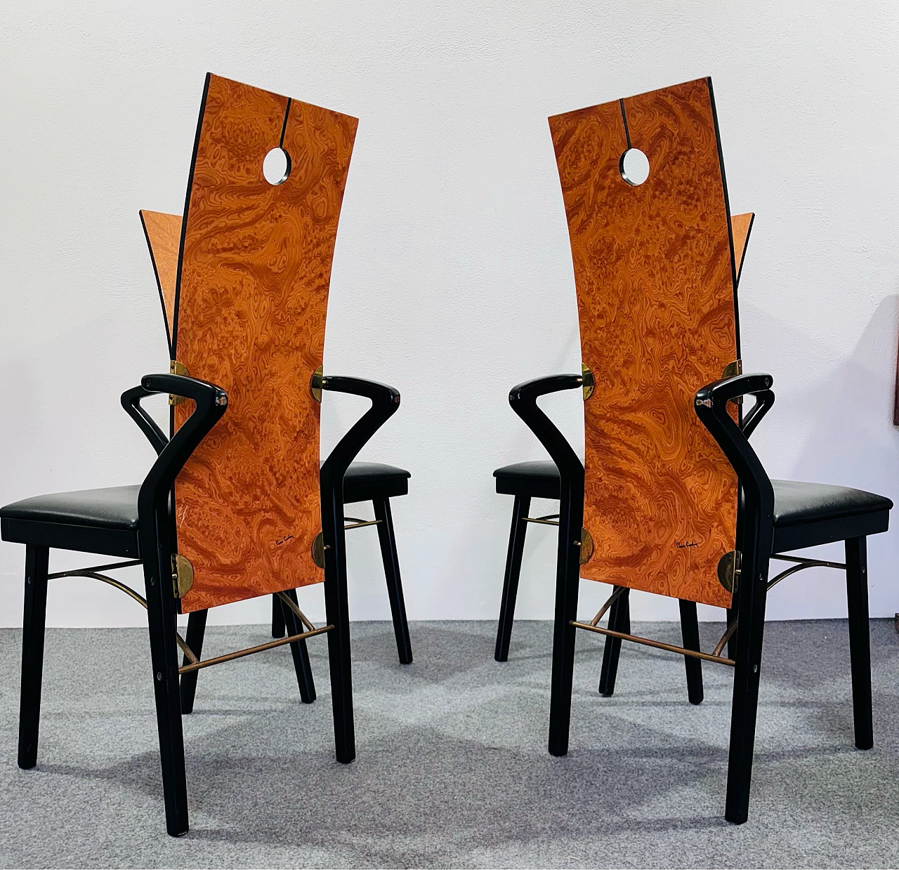 4 Chairs in wood, brass and leather by Pierre Cardin, 1980s 8