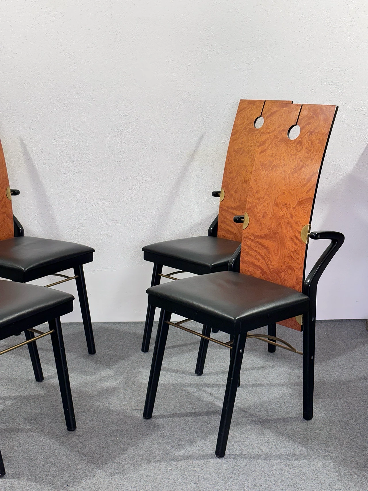 4 Chairs in wood, brass and leather by Pierre Cardin, 1980s 13