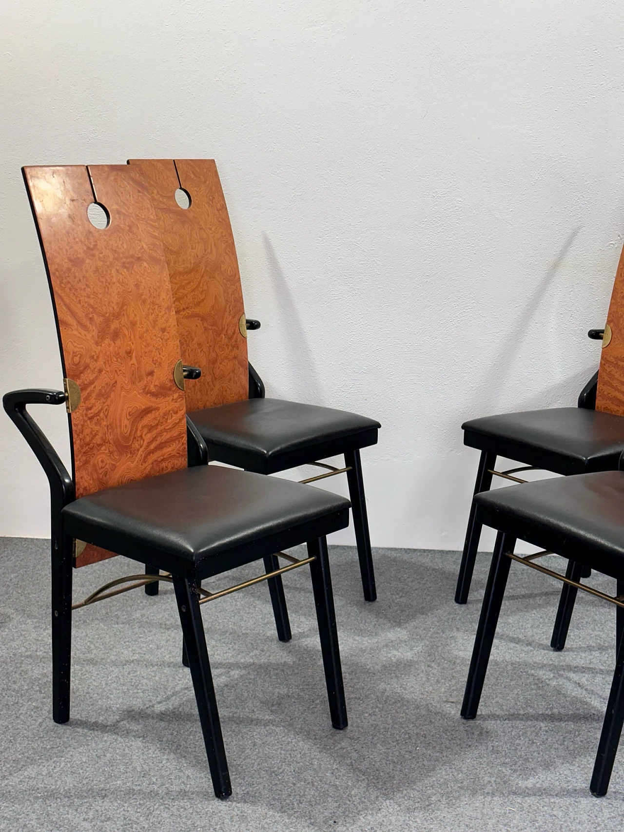 4 Chairs in wood, brass and leather by Pierre Cardin, 1980s 15