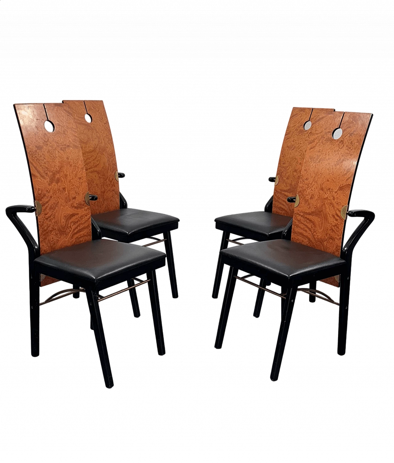 4 Chairs in wood, brass and leather by Pierre Cardin, 1980s 16