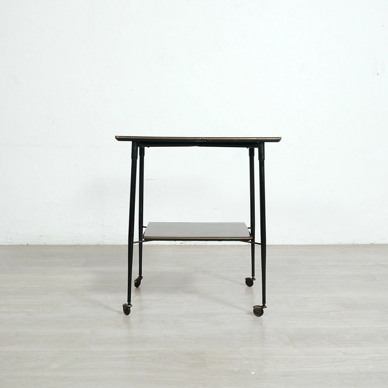 Enameled iron and rosewood TV stand cart by Rolein, 1950s 1