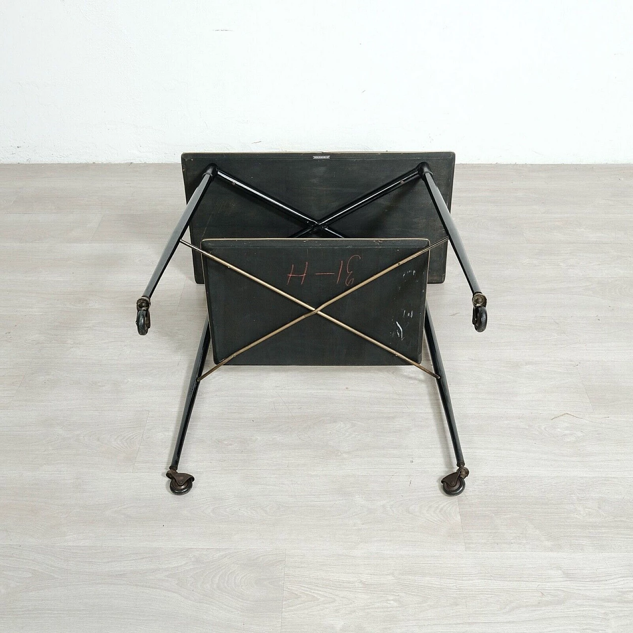 Enameled iron and rosewood TV stand cart by Rolein, 1950s 14