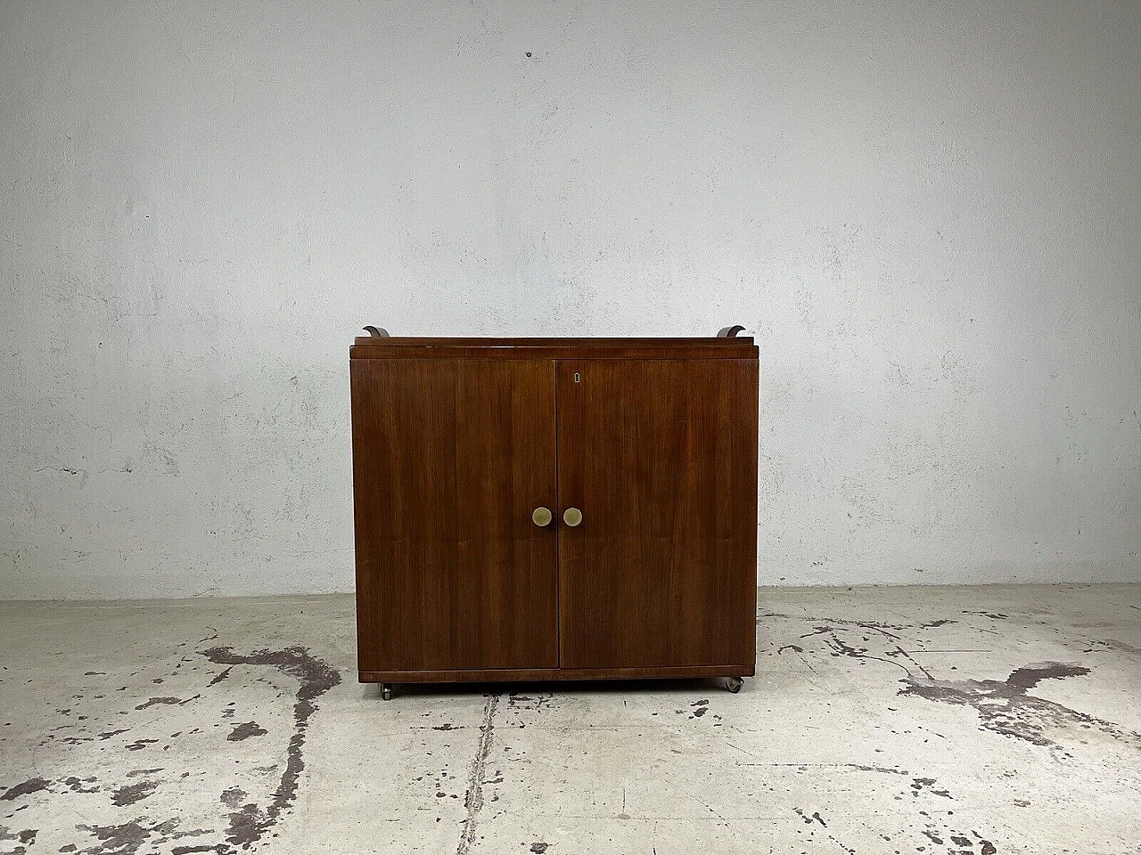 Wood, glass and brass bar cabinet with casters, 1970s 1