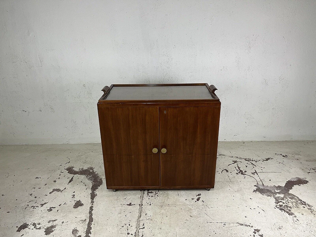 Wood, glass and brass bar cabinet with casters, 1970s 2