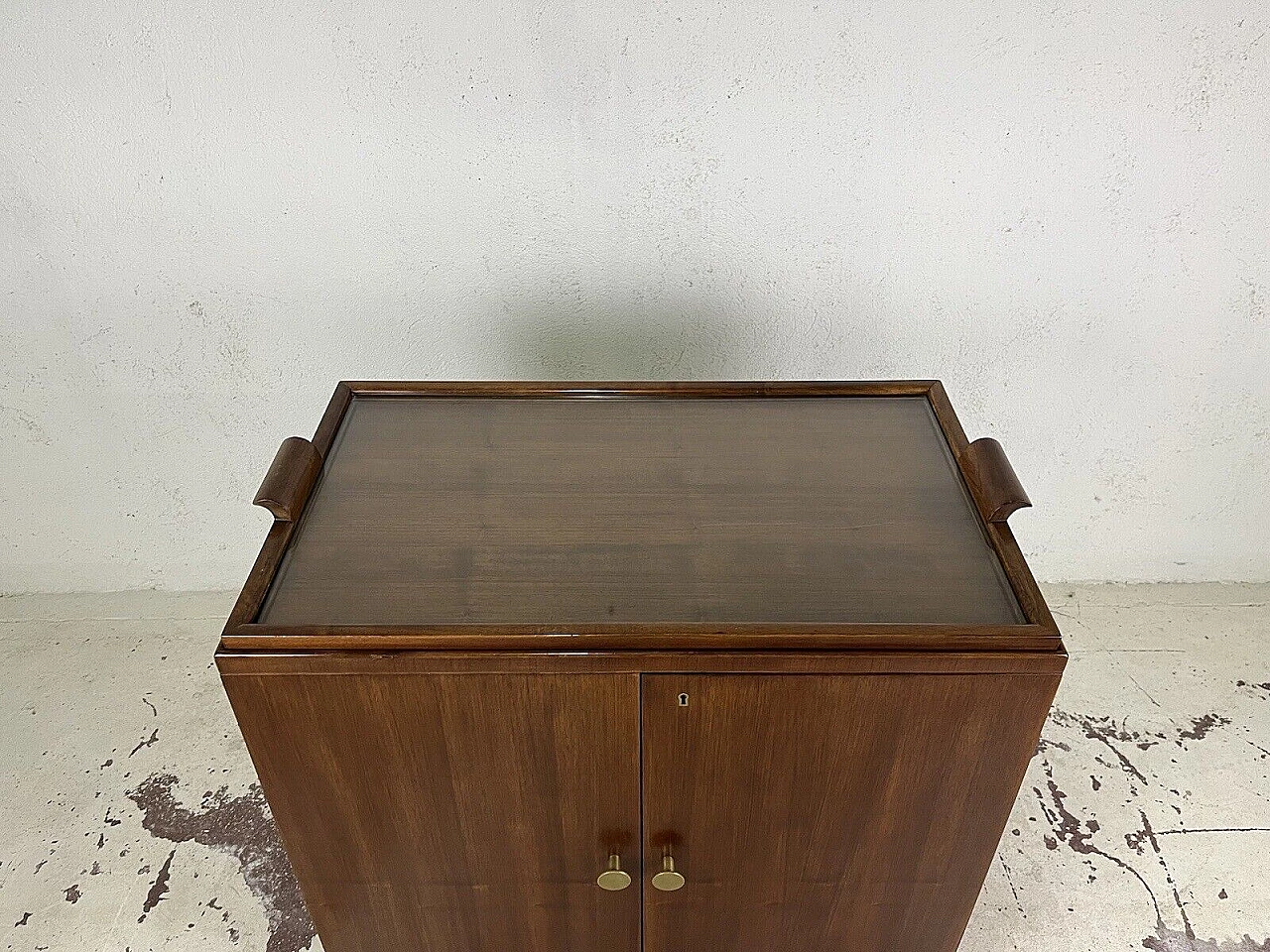 Wood, glass and brass bar cabinet with casters, 1970s 3