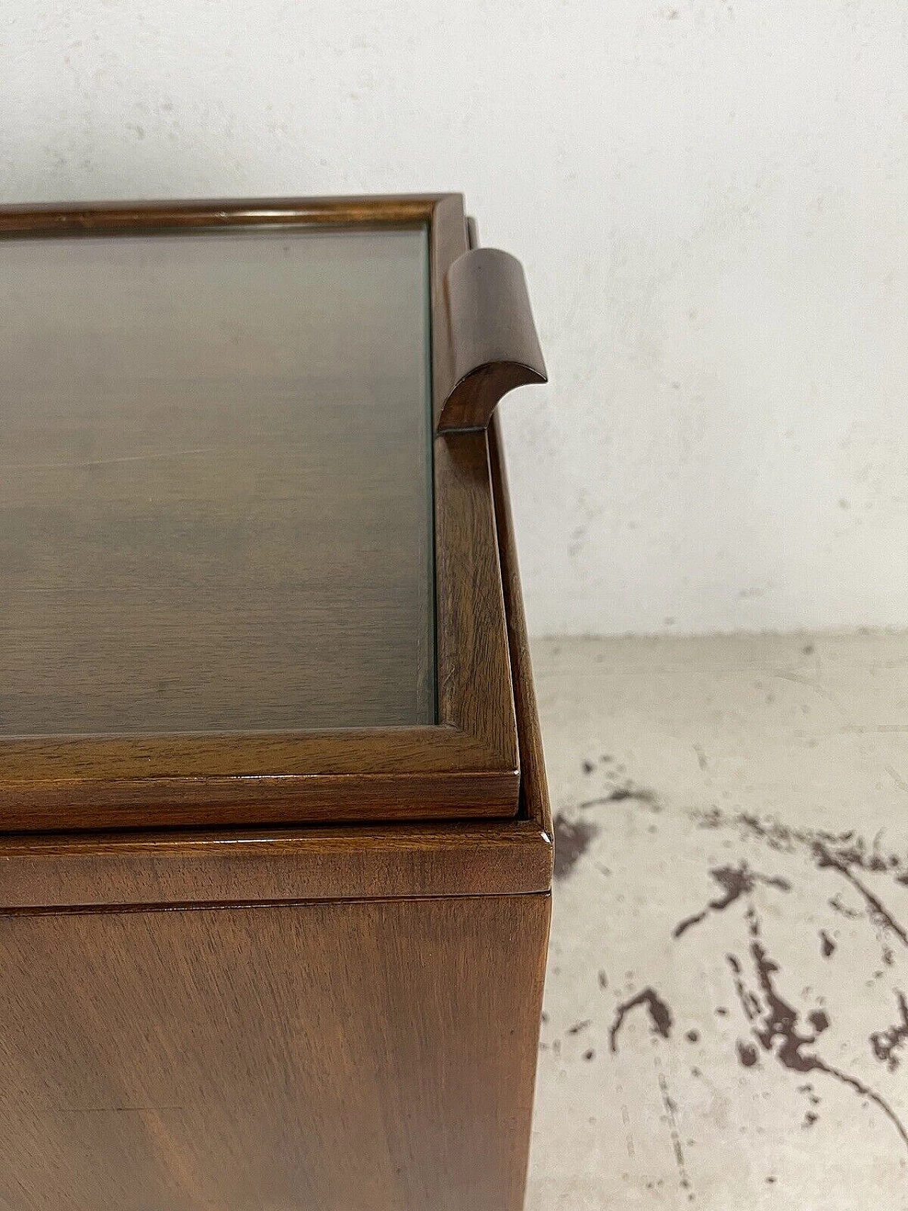 Wood, glass and brass bar cabinet with casters, 1970s 4