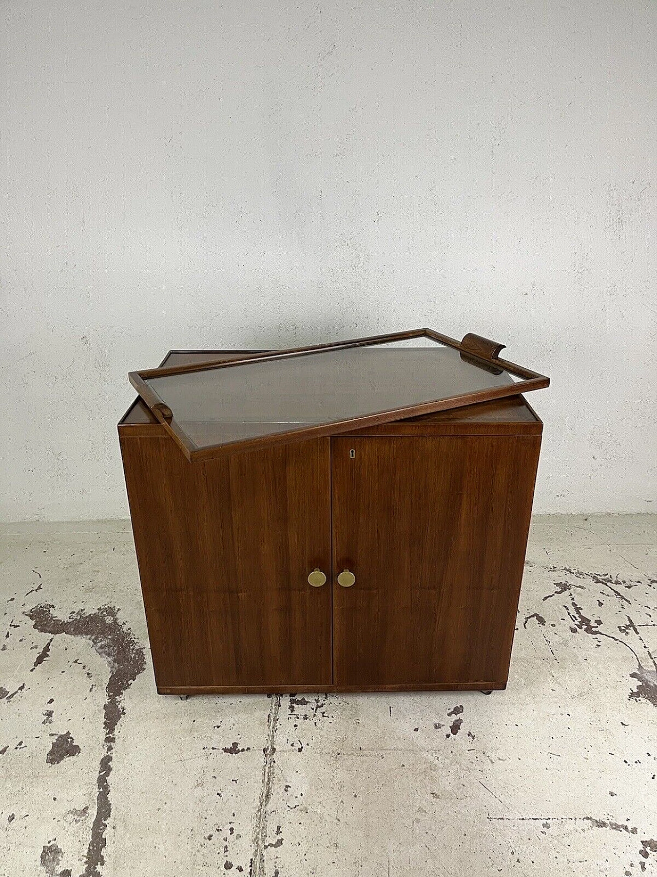 Wood, glass and brass bar cabinet with casters, 1970s 6