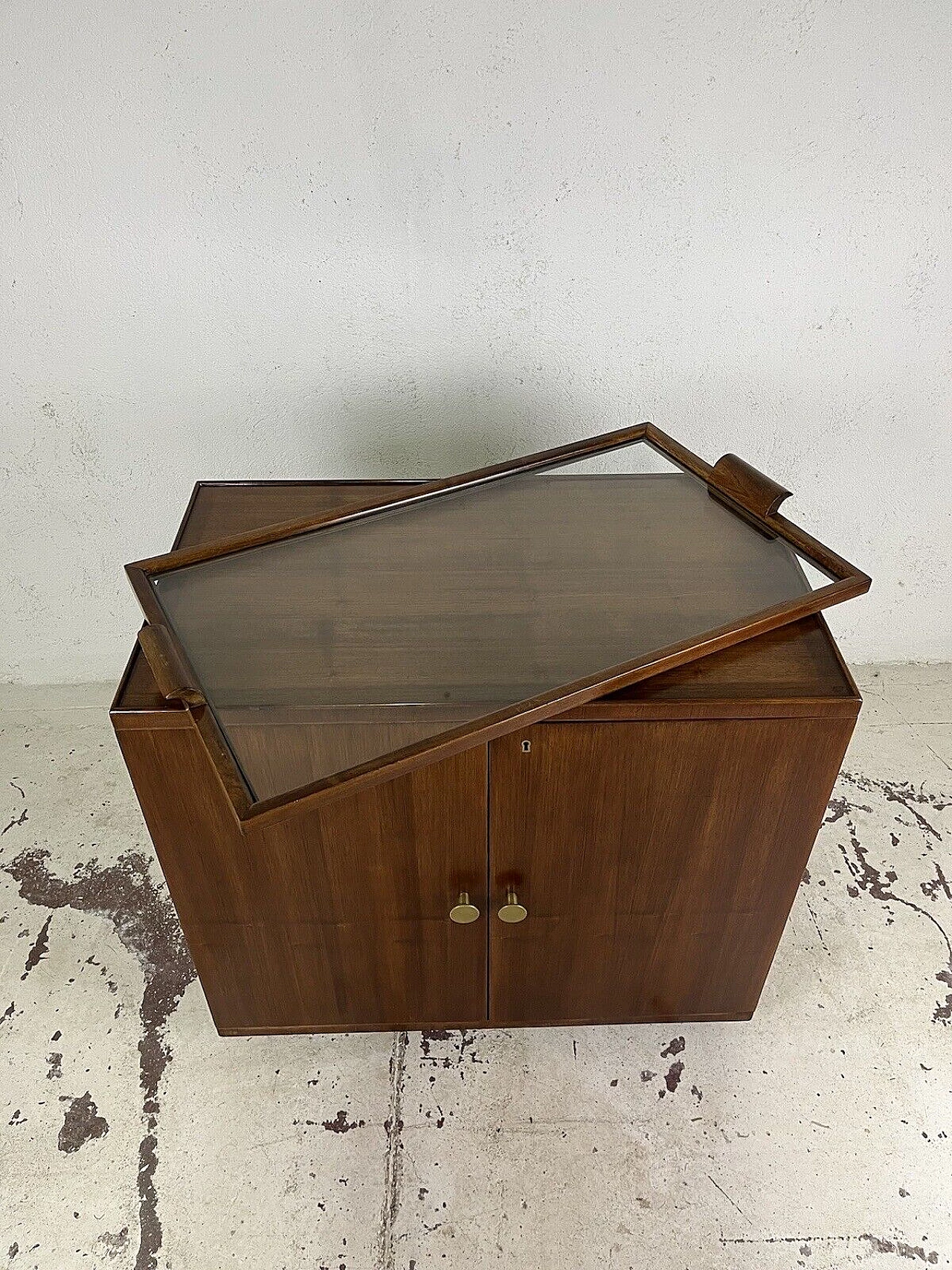 Wood, glass and brass bar cabinet with casters, 1970s 7