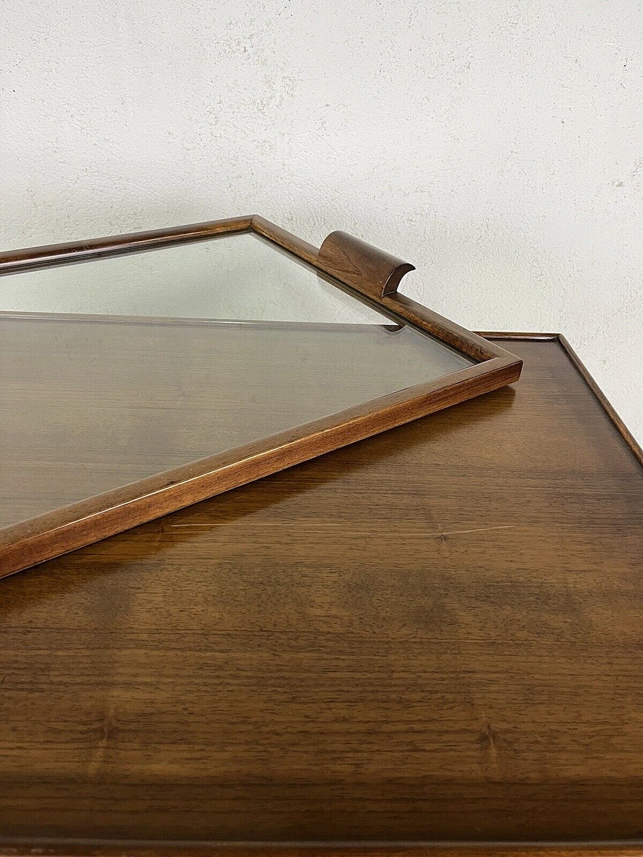 Wood, glass and brass bar cabinet with casters, 1970s 10