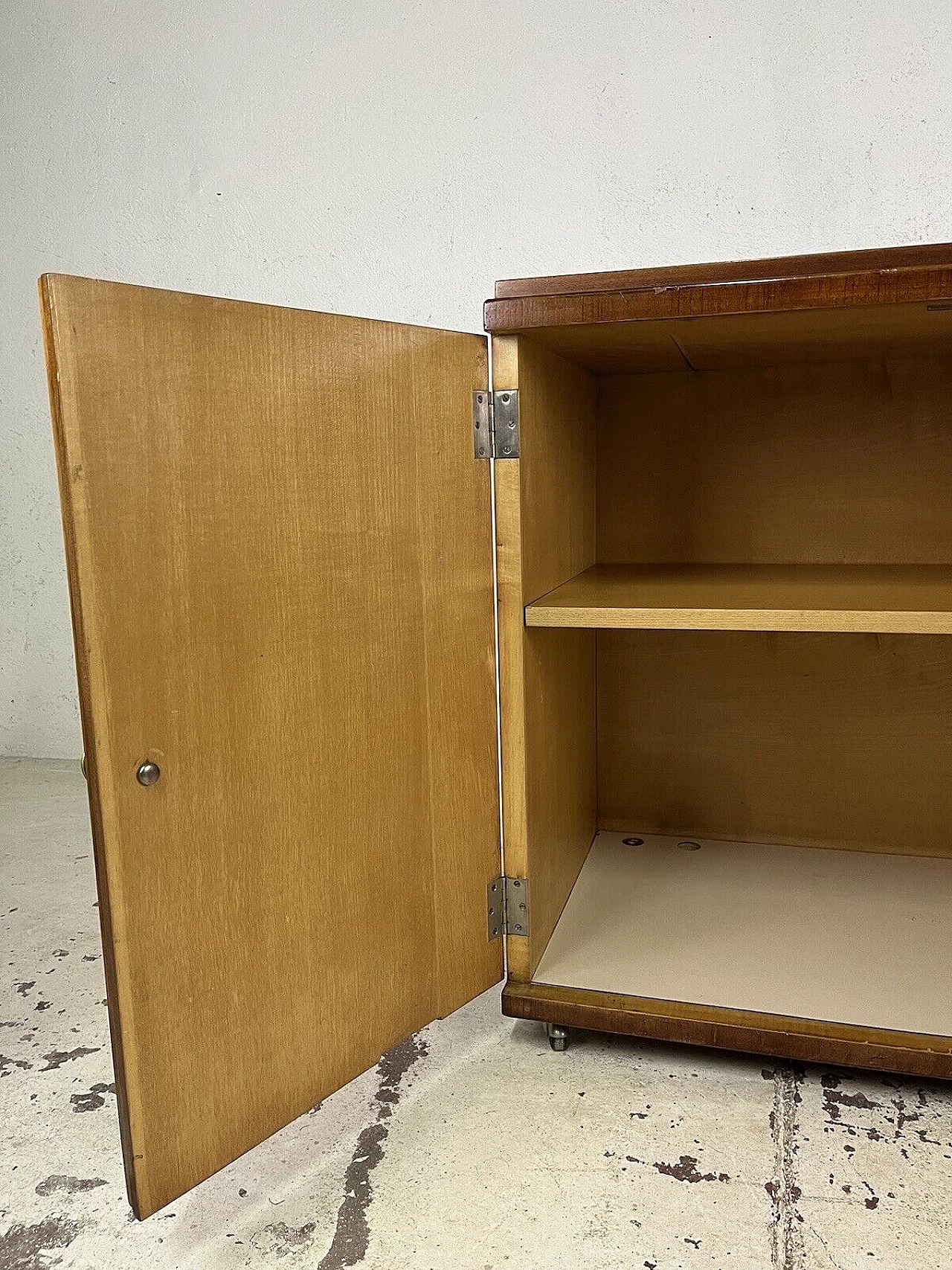 Wood, glass and brass bar cabinet with casters, 1970s 13