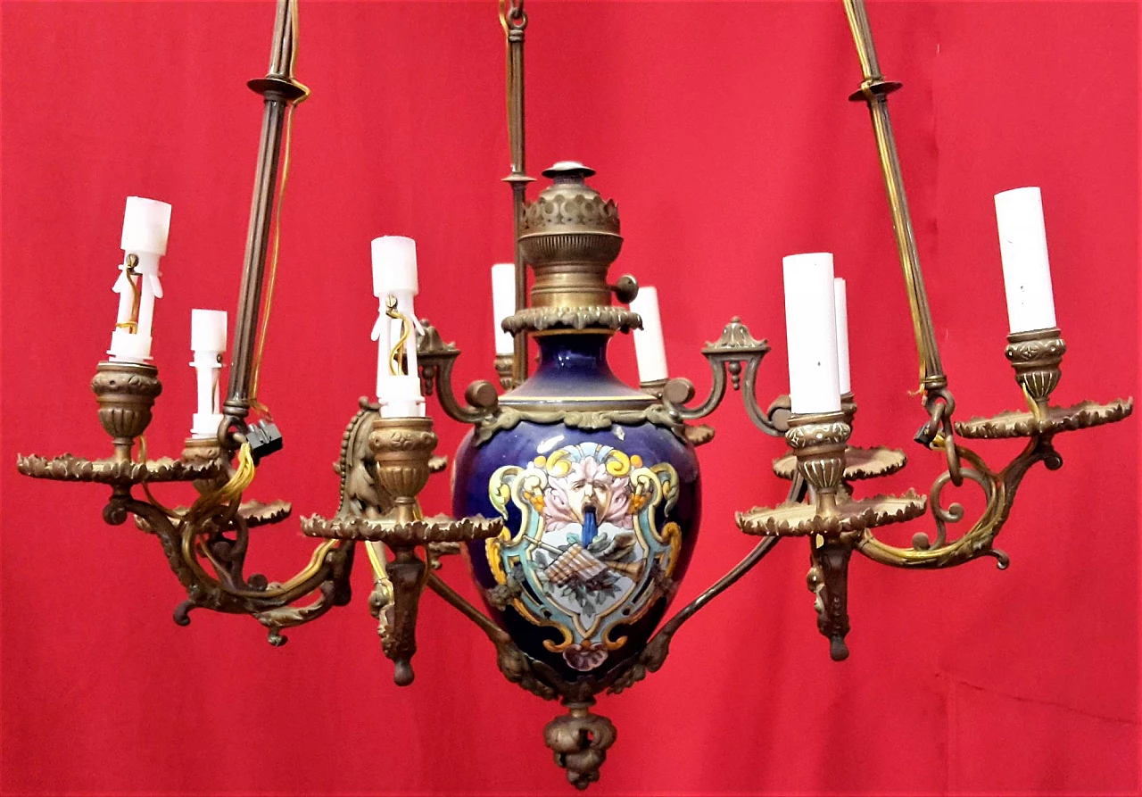 Nine-light majolica and bronze chandelier, second half of 19th century 1