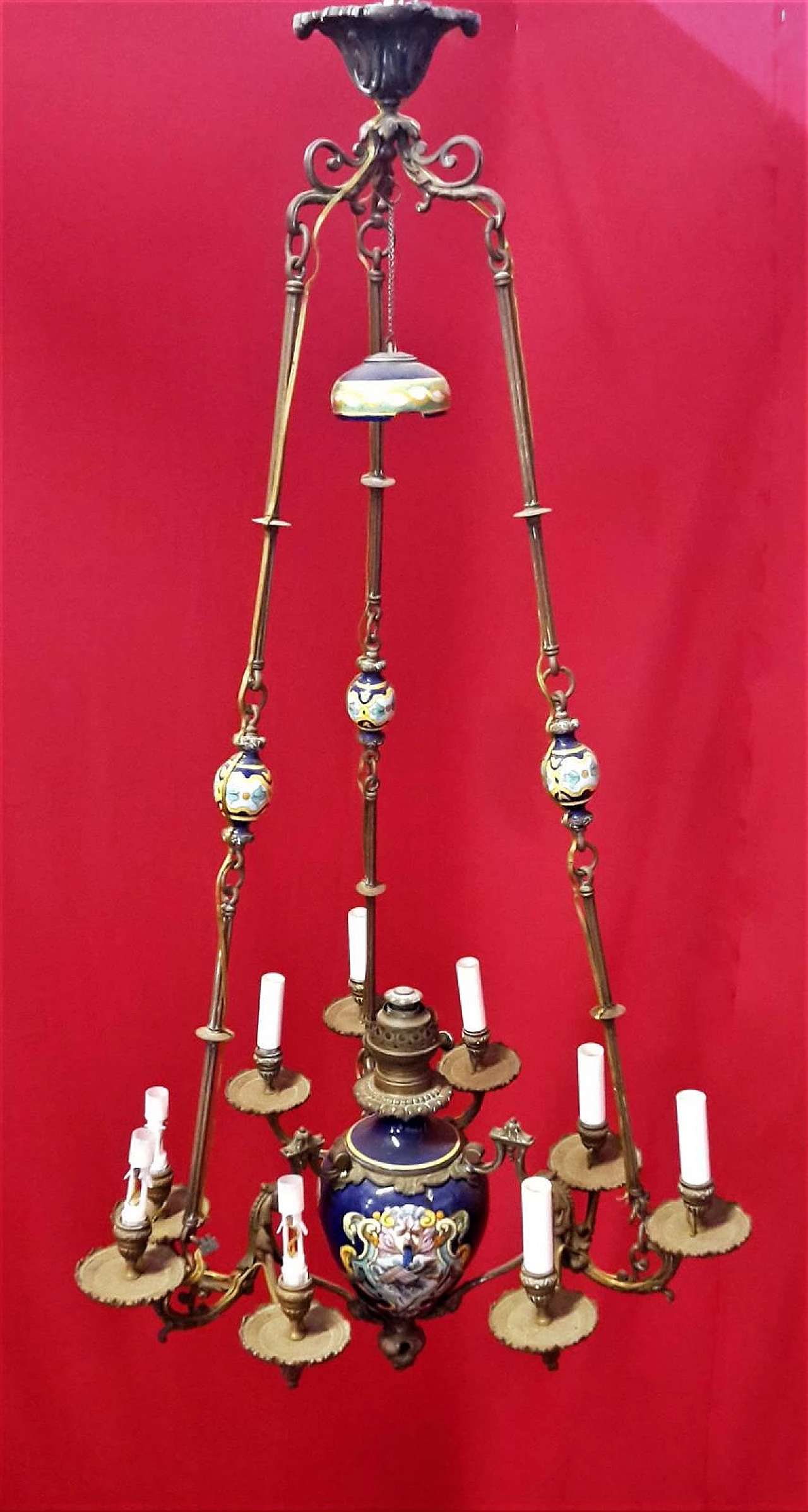 Nine-light majolica and bronze chandelier, second half of 19th century 2