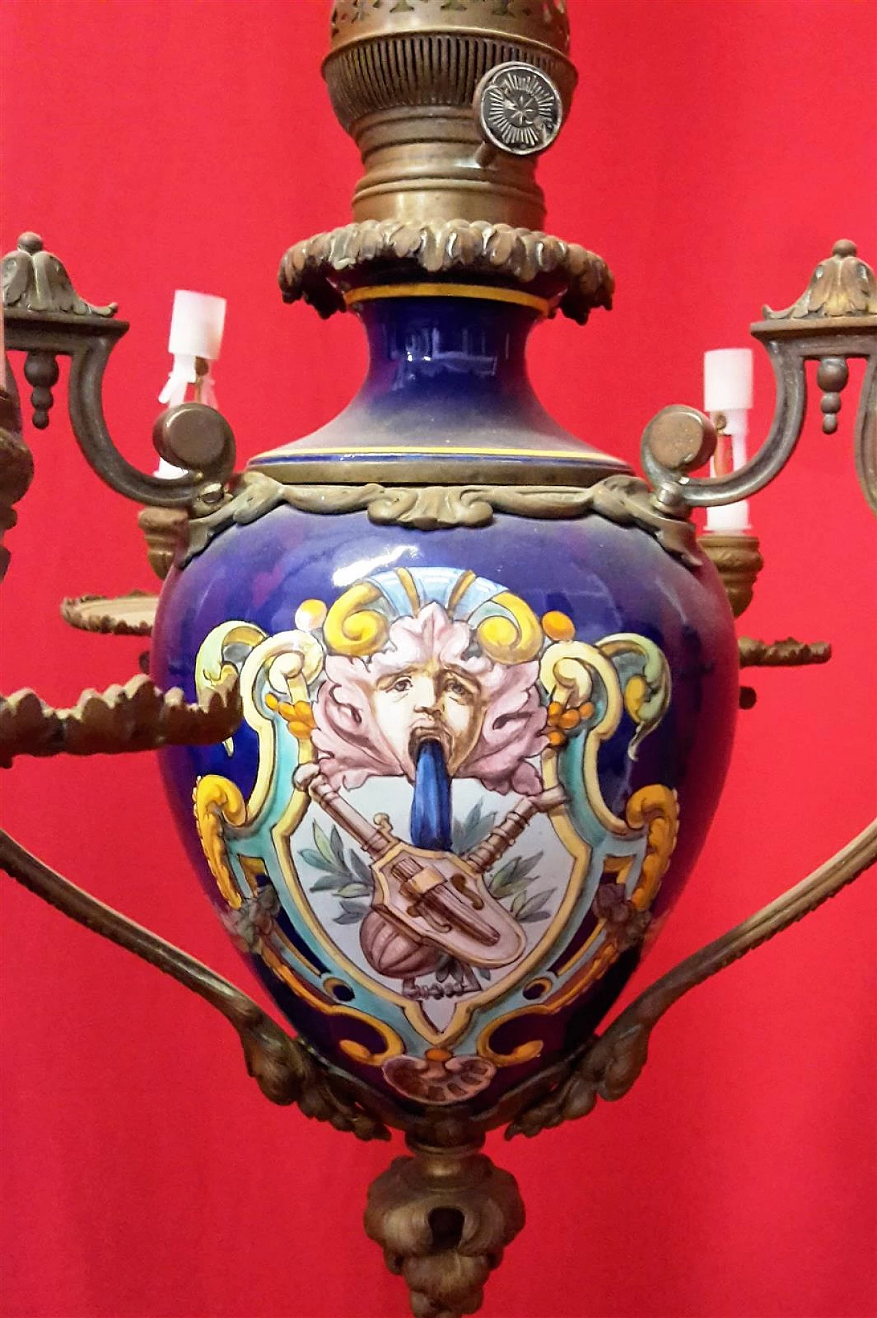 Nine-light majolica and bronze chandelier, second half of 19th century 4