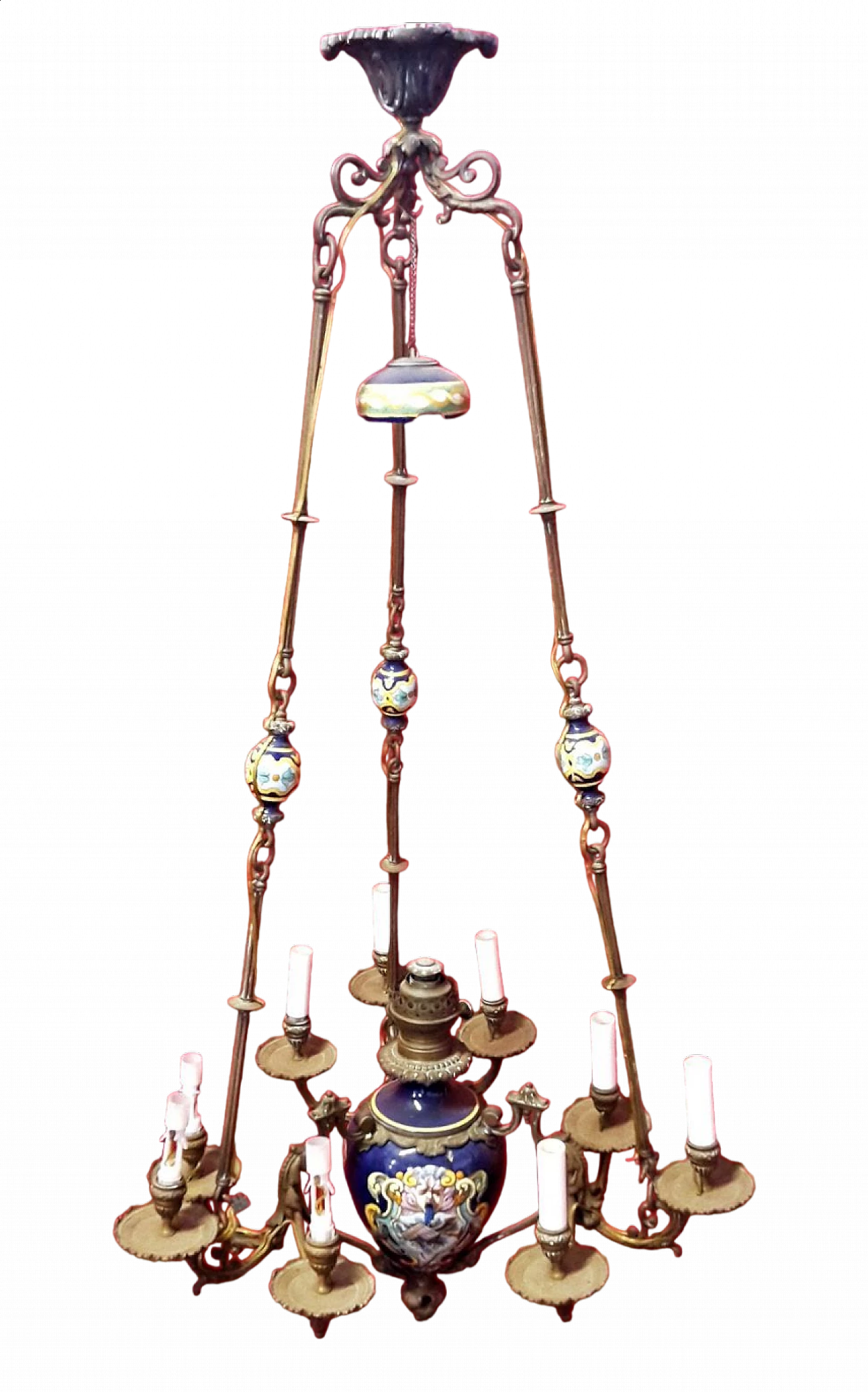 Nine-light majolica and bronze chandelier, second half of 19th century 11