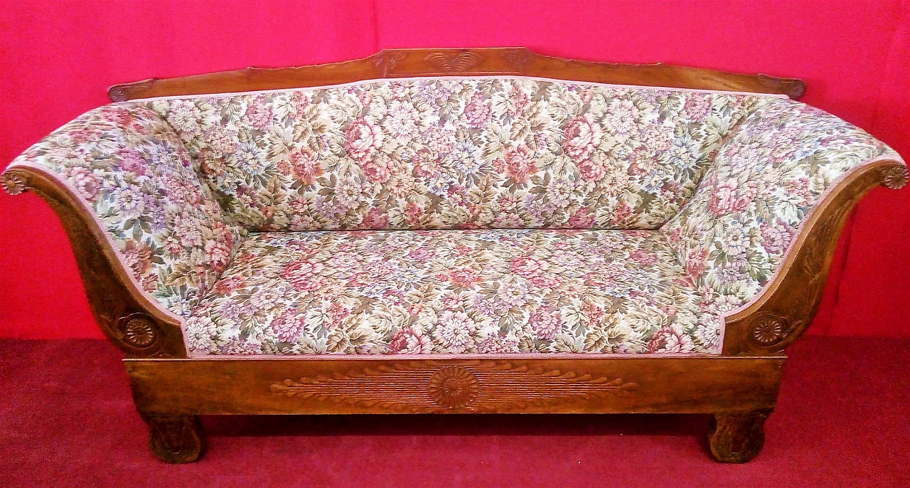 Empire two-seater walnut and fabric sofa, early 19th century 1