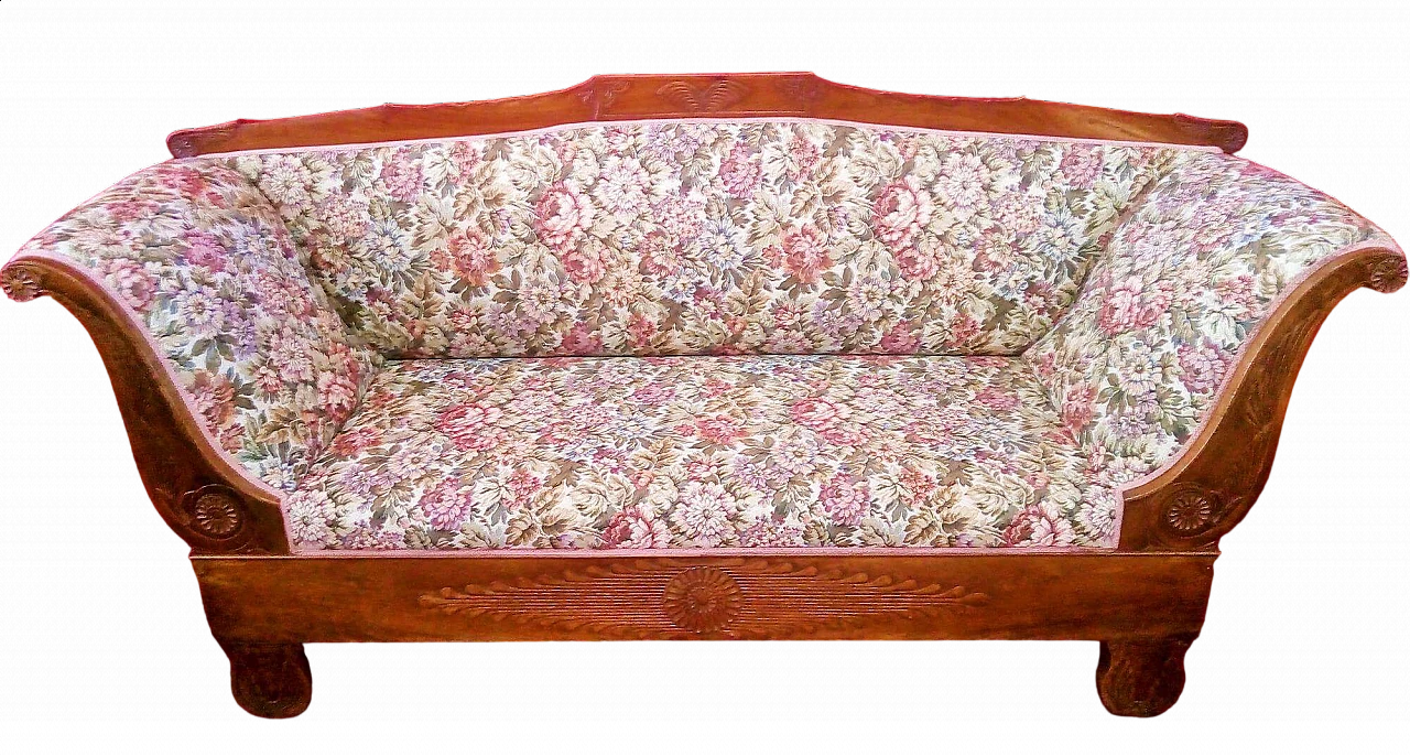 Empire two-seater walnut and fabric sofa, early 19th century 10