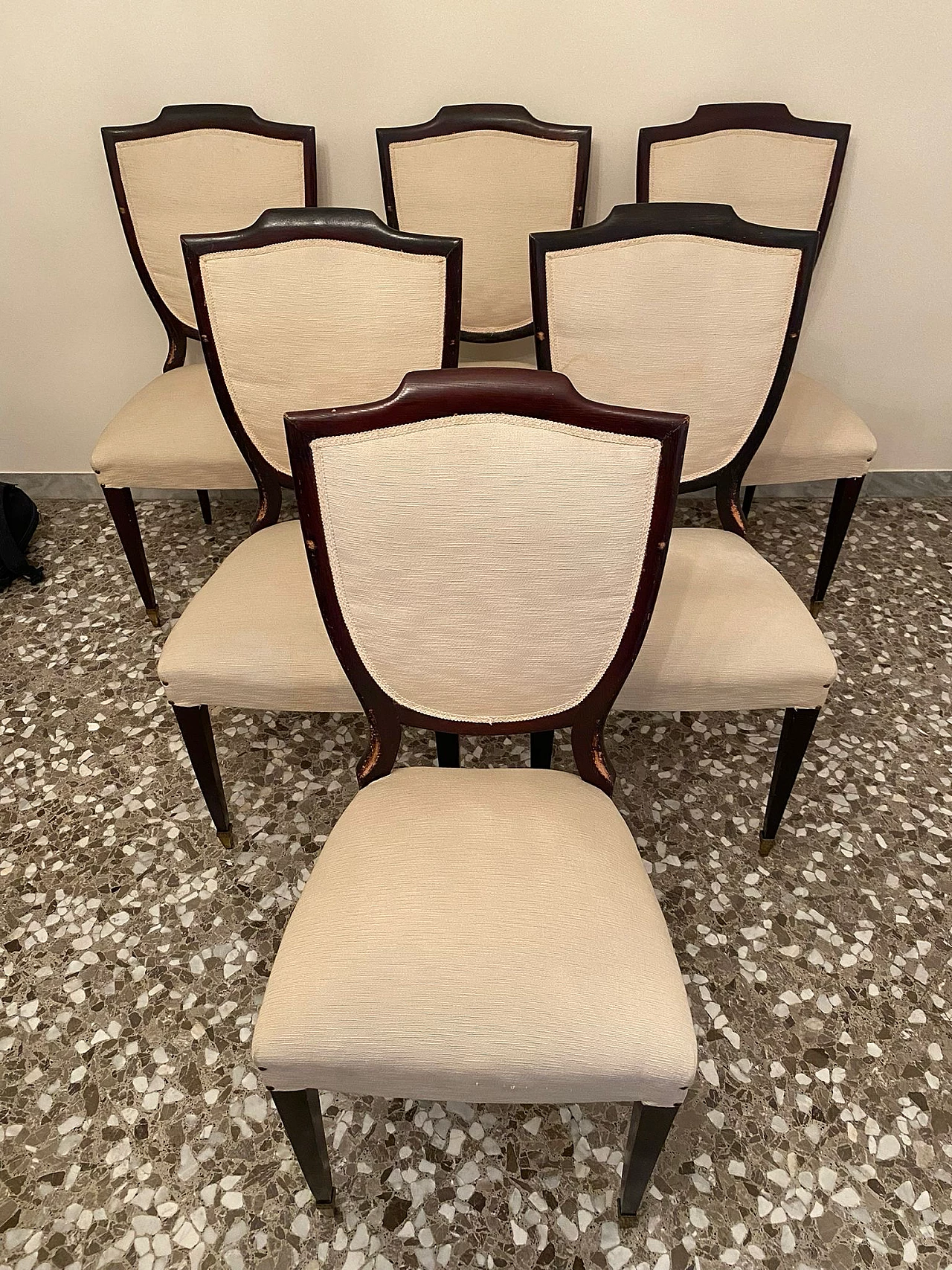 6 Chairs in wood and beige fabric, 1950s 1