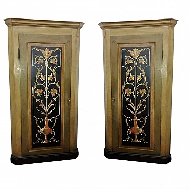 Pair of lacquered and painted walnut corner cabinets, 19th century