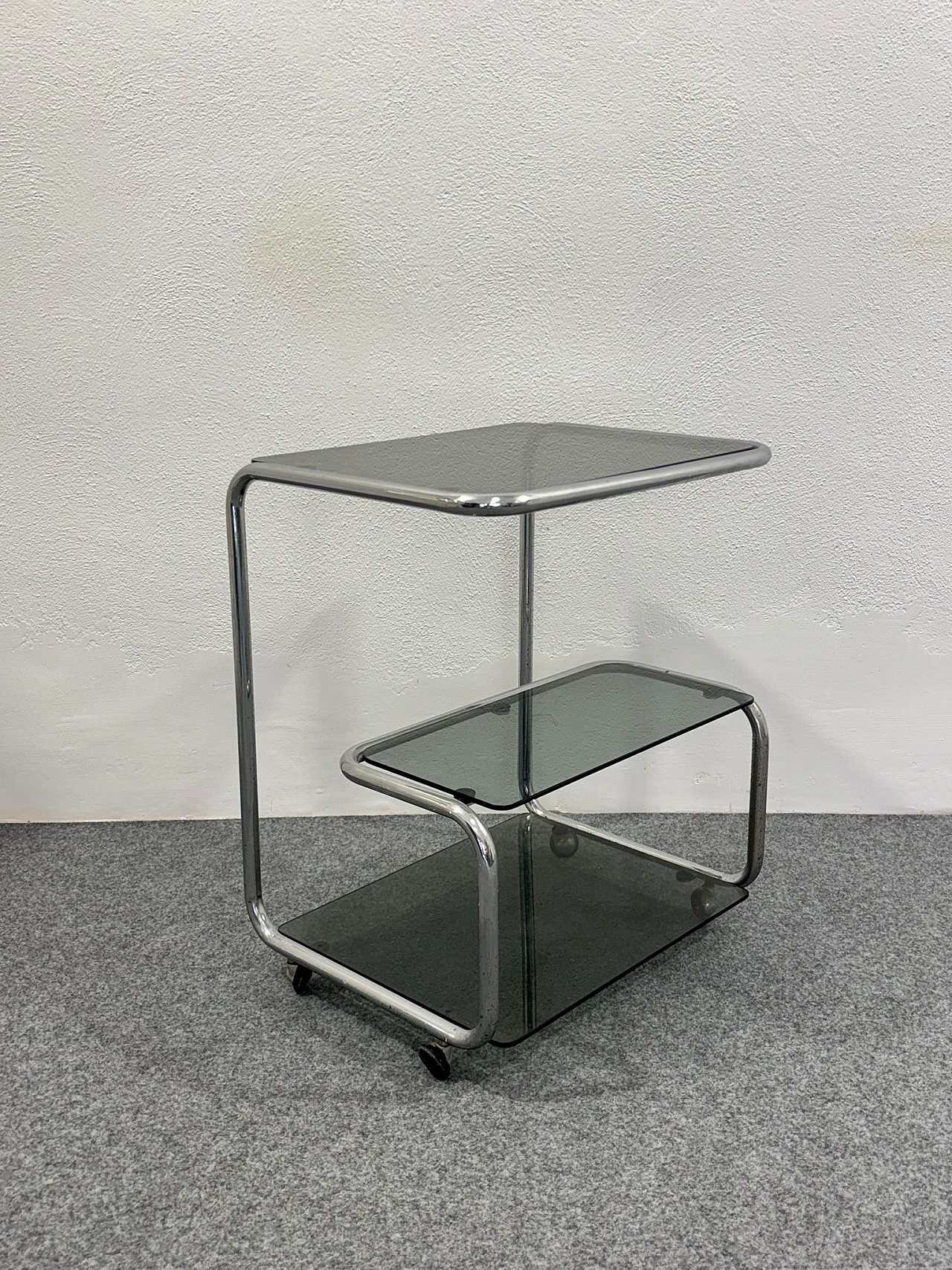 Bauhaus style steel and glass cart, 1970s 2