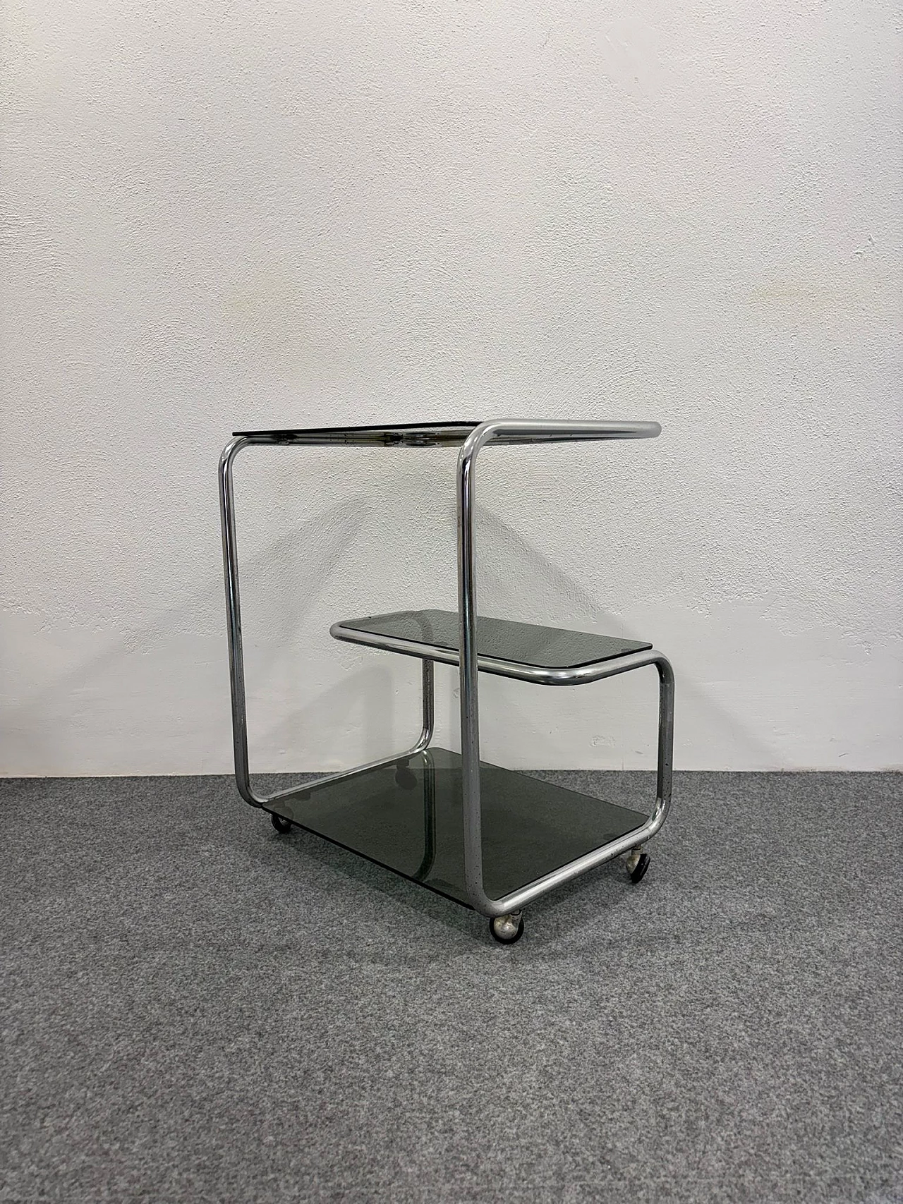 Bauhaus style steel and glass cart, 1970s 5