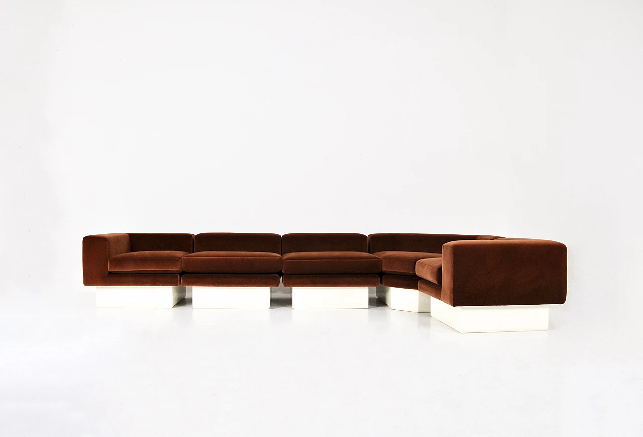 Modular sofa in brown suede and wood, 1980s 1