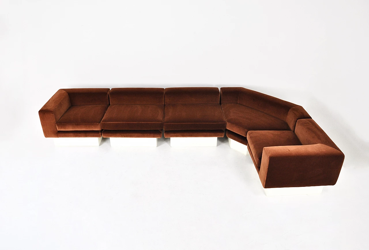 Modular sofa in brown suede and wood, 1980s 2