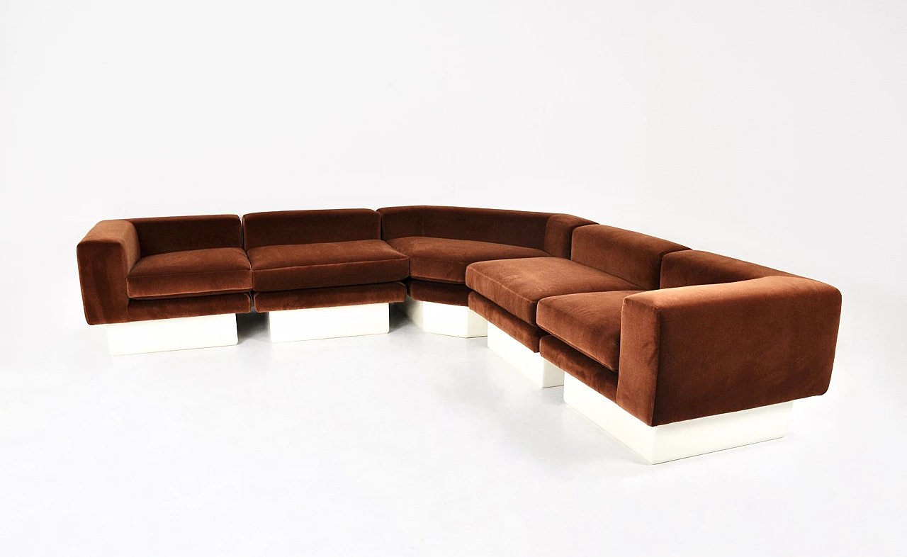 Modular sofa in brown suede and wood, 1980s 5