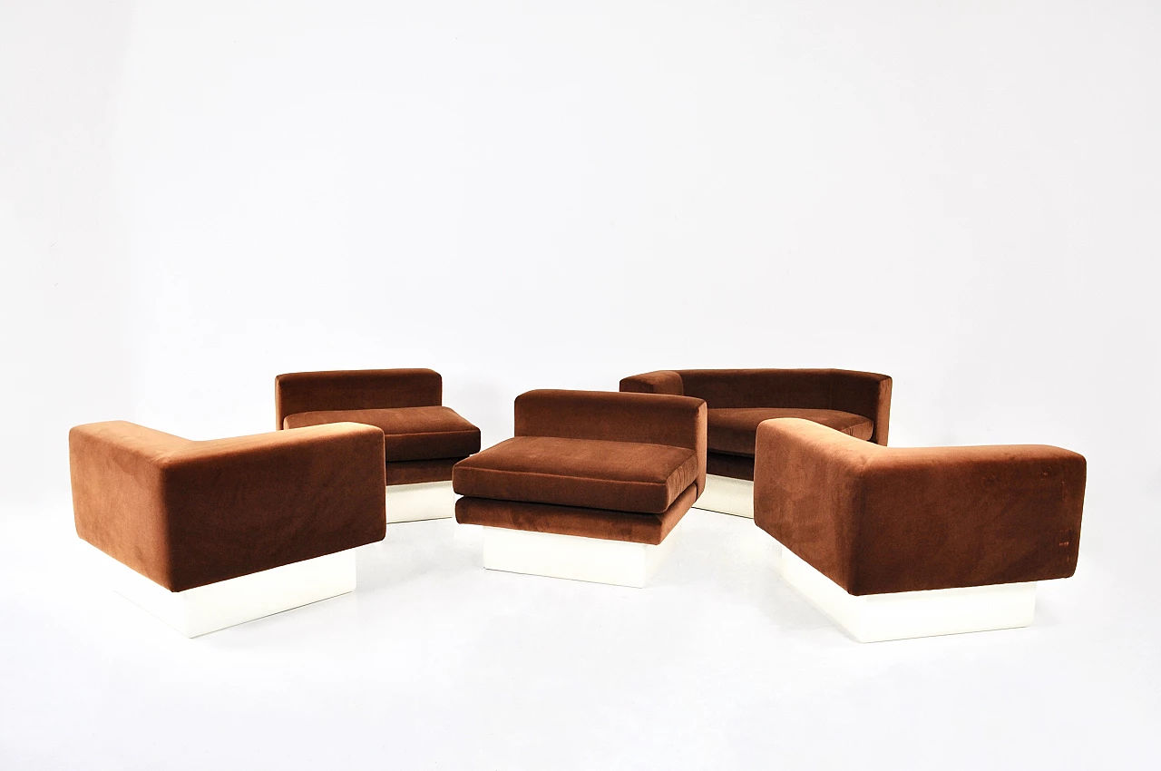 Modular sofa in brown suede and wood, 1980s 6