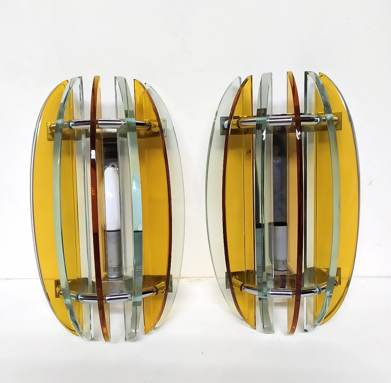 Pair of glass and metal wall lamps by Veca, 1970s 8