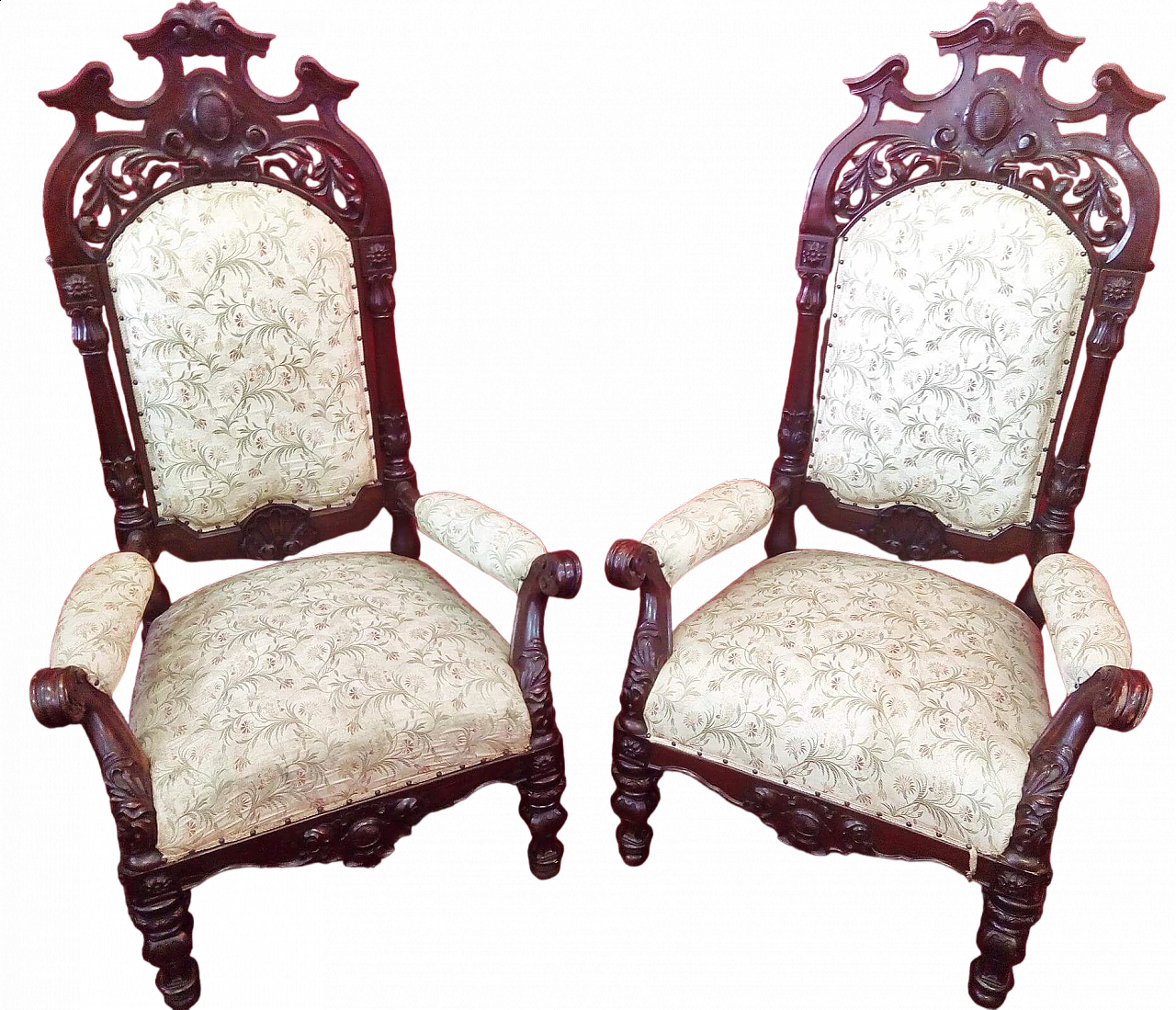 Pair of carved walnut and fabric armchairs, mid-19th century 9