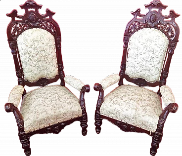 Pair of carved walnut and fabric armchairs, mid-19th century