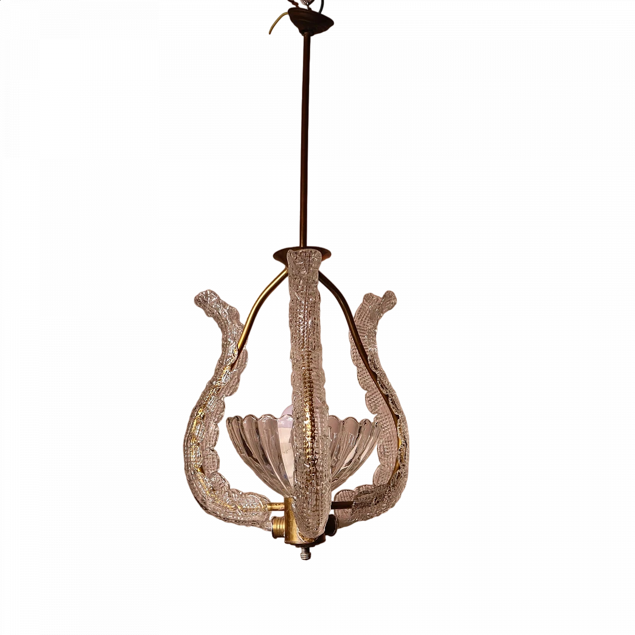 Lampadario in ottone e vetro di Murano di Ercole Barovier, anni '40 7