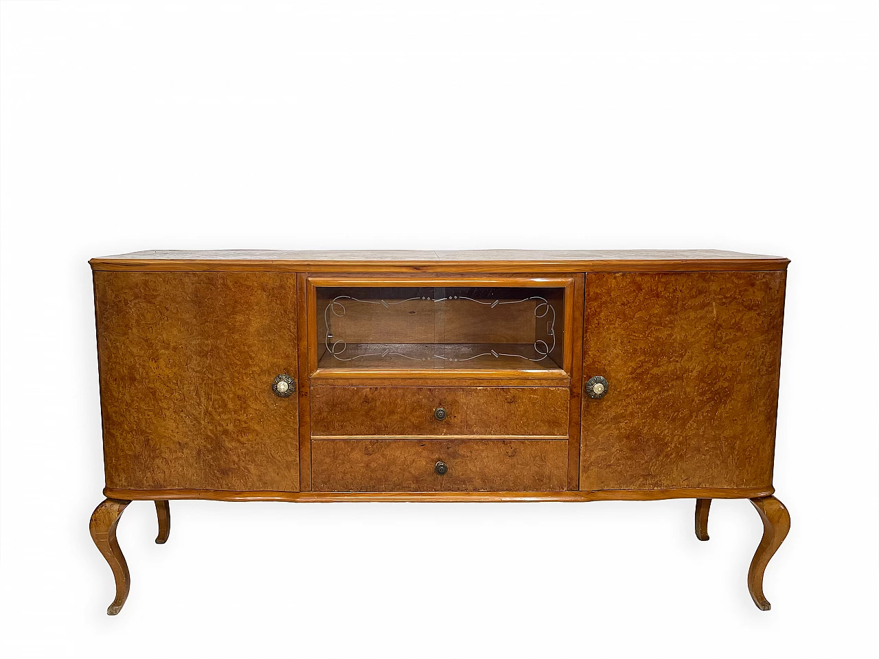 Credenza in noce con due cassetti e ante laterali a battente, anni '50 1