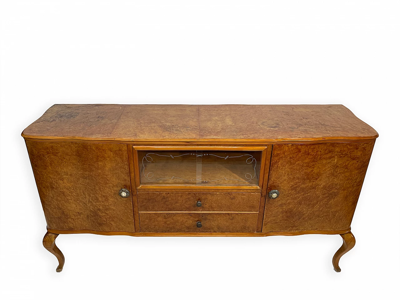 Credenza in noce con due cassetti e ante laterali a battente, anni '50 3