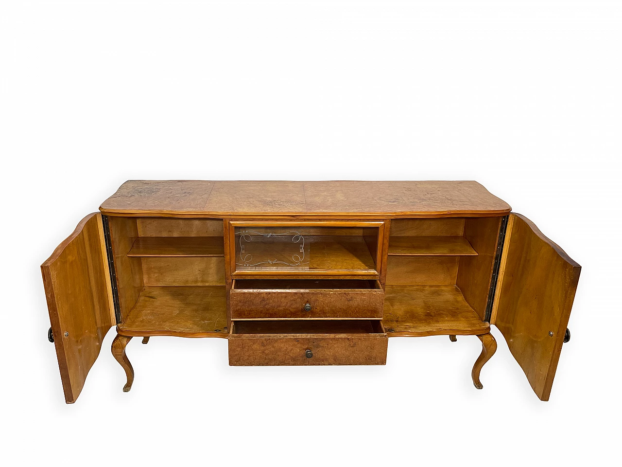 Credenza in noce con due cassetti e ante laterali a battente, anni '50 8